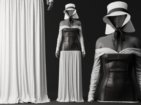 White Loose Dress with Black Leather Corset 3D Model