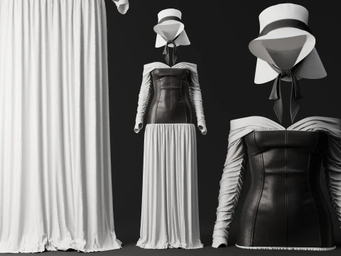 White Loose Dress with Black Leather Corset 3D Model