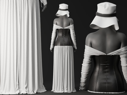 White Loose Dress with Black Leather Corset 3D 模型