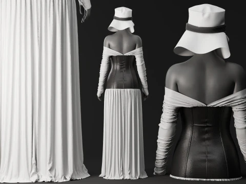 White Loose Dress with Black Leather Corset 3D Model