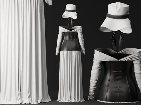 White Loose Dress with Black Leather Corset 3D 模型