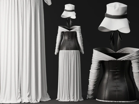 White Loose Dress with Black Leather Corset 3D Model
