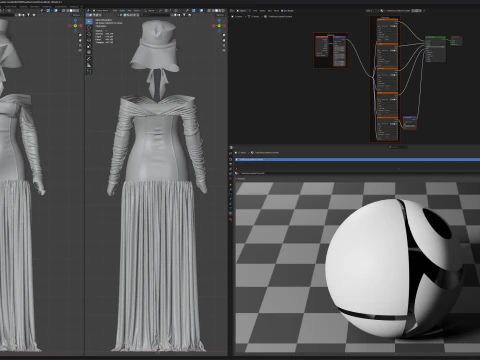 White Loose Dress with Black Leather Corset 3D Model