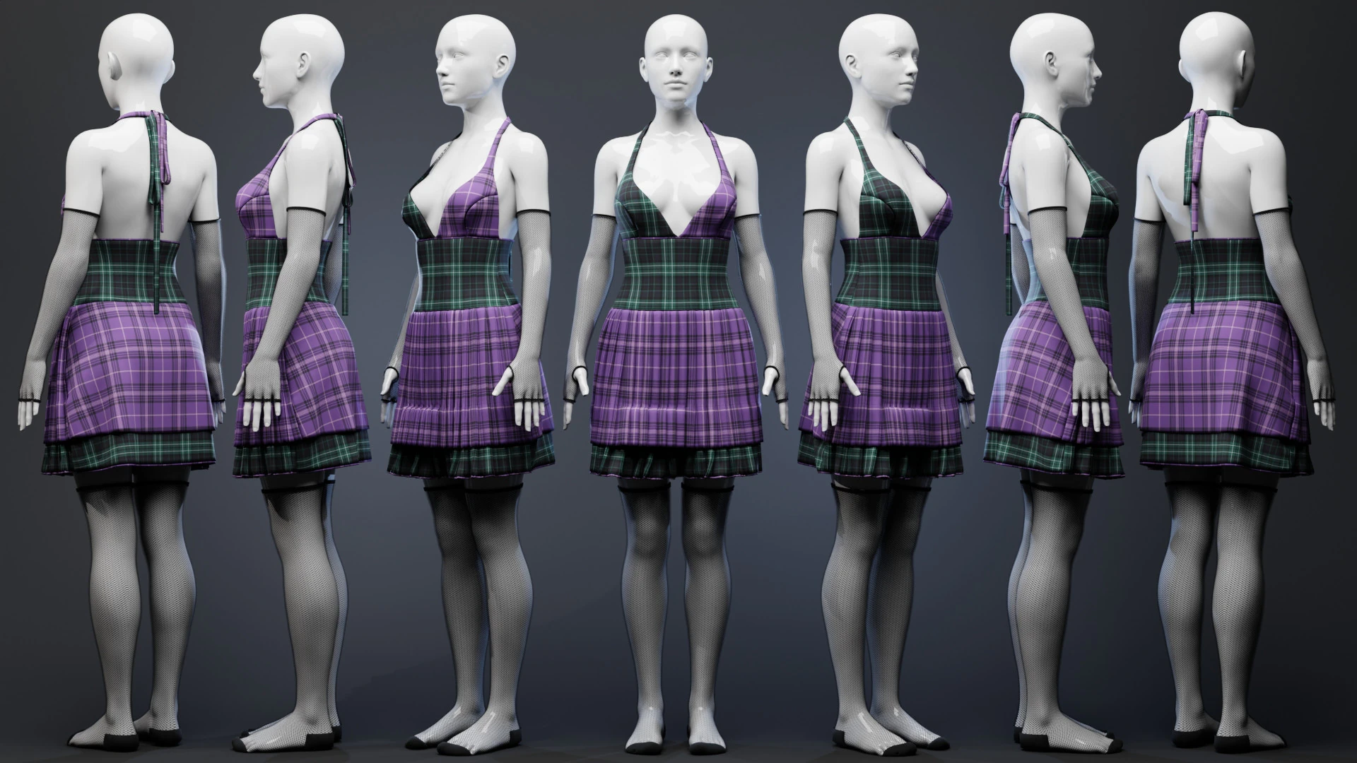 Pleated Dress w Mesh Gloves and Thigh-High Socks 3D Model .c4d .max .obj .3ds .fbx .stl .blend