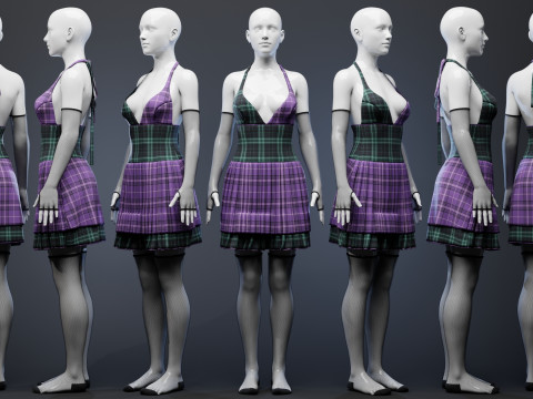 Pleated Dress w Mesh Gloves and Thigh-High Socks 3D Model