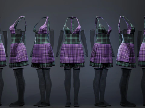 Pleated Dress w Mesh Gloves and Thigh-High Socks 3D Model