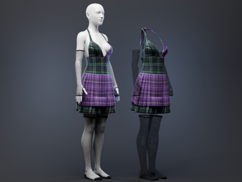Pleated Dress w Mesh Gloves and Thigh-High Socks 3D Model