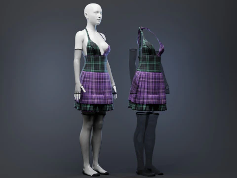 Pleated Dress w Mesh Gloves and Thigh-High Socks 3D Model