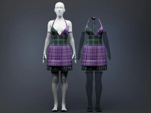 Pleated Dress w Mesh Gloves and Thigh-High Socks 3D Model