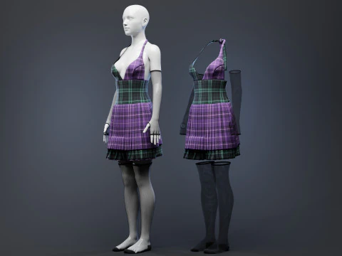 Pleated Dress w Mesh Gloves and Thigh-High Socks 3D Model