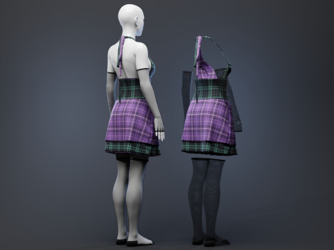 Pleated Dress w Mesh Gloves and Thigh-High Socks 3D Model