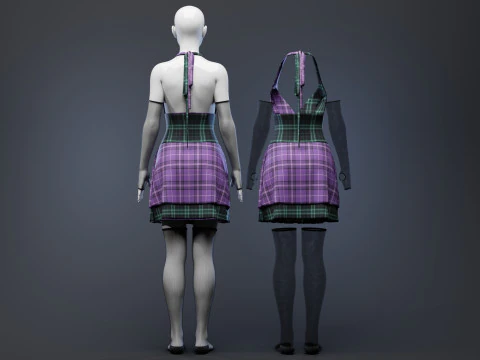 Pleated Dress w Mesh Gloves and Thigh-High Socks 3D Model
