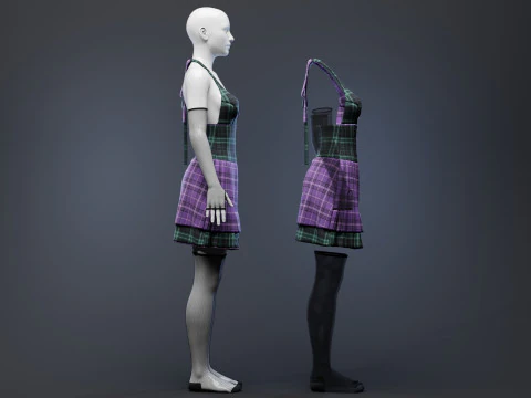 Pleated Dress w Mesh Gloves and Thigh-High Socks 3D Model