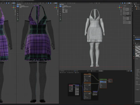 Pleated Dress w Mesh Gloves and Thigh-High Socks 3D Model