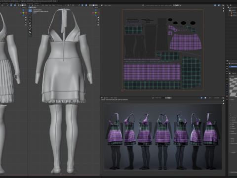 Pleated Dress w Mesh Gloves and Thigh-High Socks 3D Model