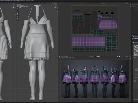 Pleated Dress w Mesh Gloves and Thigh-High Socks 3D Model