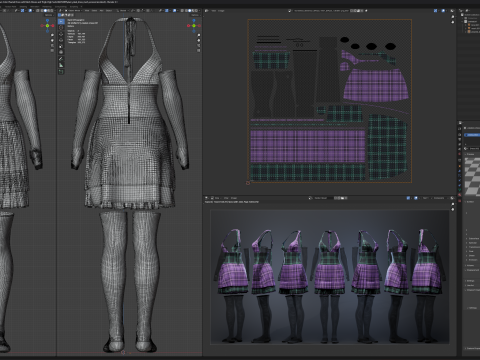 Pleated Dress w Mesh Gloves and Thigh-High Socks 3D Model