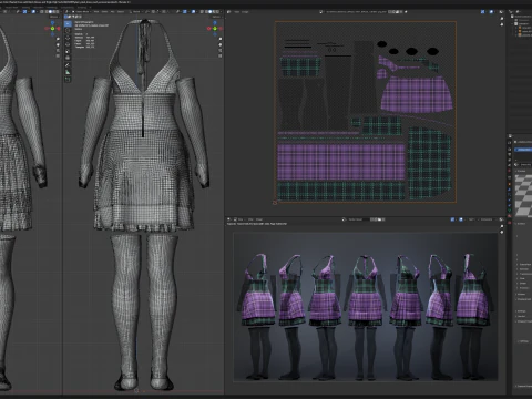 Pleated Dress w Mesh Gloves and Thigh-High Socks 3D Model