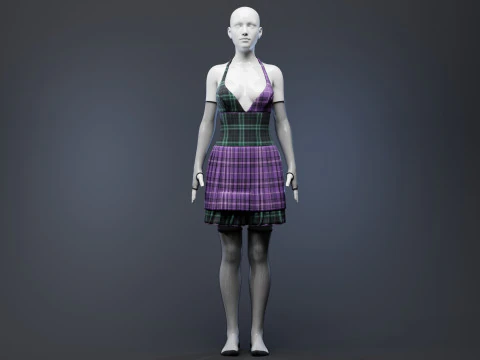 Pleated Dress w Mesh Gloves and Thigh-High Socks 3D Model