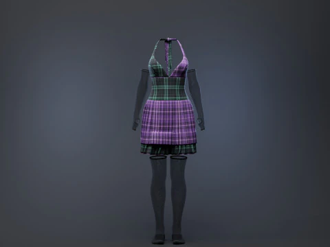 Pleated Dress w Mesh Gloves and Thigh-High Socks 3D Model