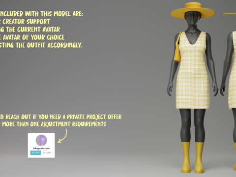Yellow Check Pattern Summer Dress with Hat Purse and Boots Modello 3D