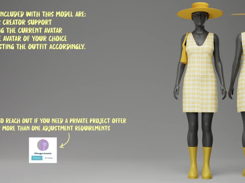 모자 지갑과 부츠가 달린 옐로우 체크 패턴 여름 드레스 3D 모델