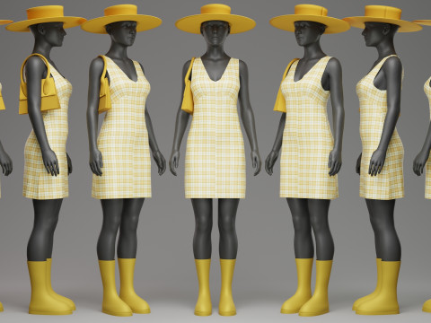 Yellow Check Pattern Summer Dress with Hat Purse and Boots 3D Model