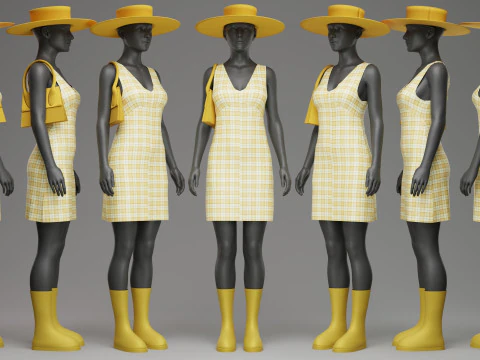 Yellow Check Pattern Summer Dress with Hat Purse and Boots 3D Model