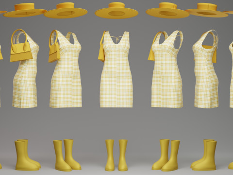 Yellow Check Pattern Summer Dress with Hat Purse and Boots 3D Model