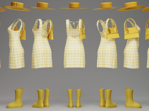 Yellow Check Pattern Summer Dress with Hat Purse and Boots 3D Model