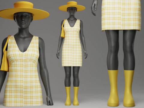 Yellow Check Pattern Summer Dress with Hat Purse and Boots 3D Model