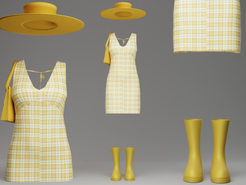 Yellow Check Pattern Summer Dress with Hat Purse and Boots 3D Model