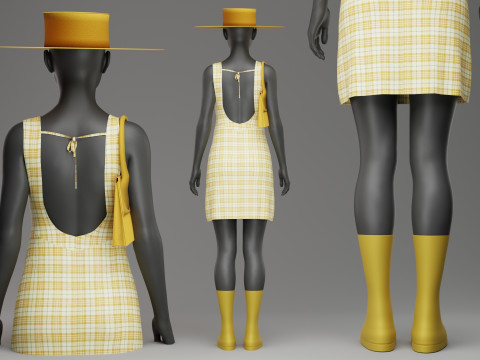 Yellow Check Pattern Summer Dress with Hat Purse and Boots 3D Model