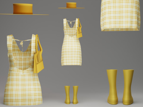 Yellow Check Pattern Summer Dress with Hat Purse and Boots 3D Model