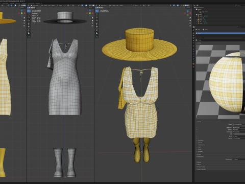 Yellow Check Pattern Summer Dress with Hat Purse and Boots 3D Model