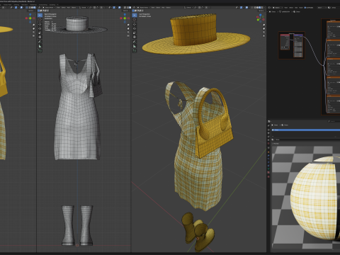 Yellow Check Pattern Summer Dress with Hat Purse and Boots 3D Model