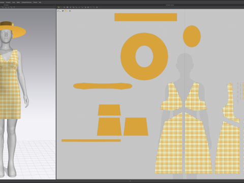 Yellow Check Pattern Summer Dress with Hat Purse and Boots 3D Model
