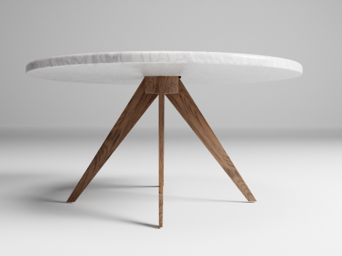 Marble Top Dining Drum and Wood Legs 3D Model