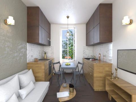 Compact kitchen and living room 3D Model