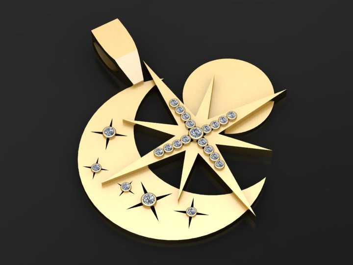 Gold moon and star pendant 3D Baskı Modeli .c4d .max .obj .3ds .fbx .stl .blend