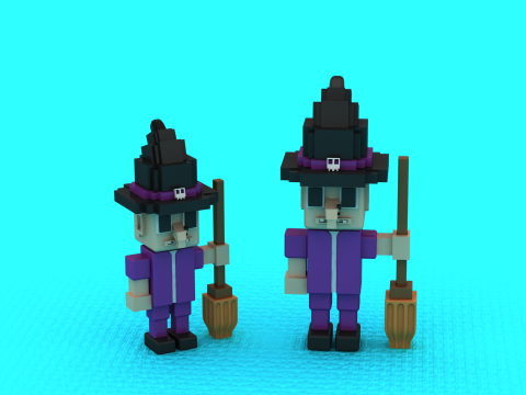 体素女巫二人组与扫帚 3D 打印模型 3D 打印模型