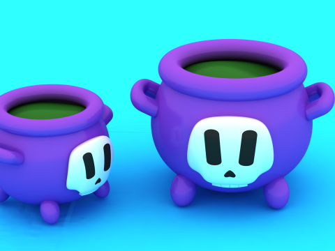 かわいい頭蓋骨の大釜の置物様式化されたハロウィーンのポット 3Dプリントモデル