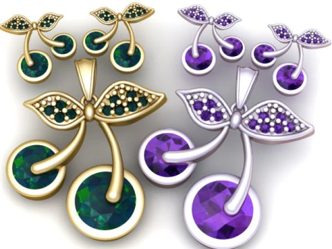 Elegant Cherry Drop Pendant Earrings Set 3D Jewelry Model 3D Print Model