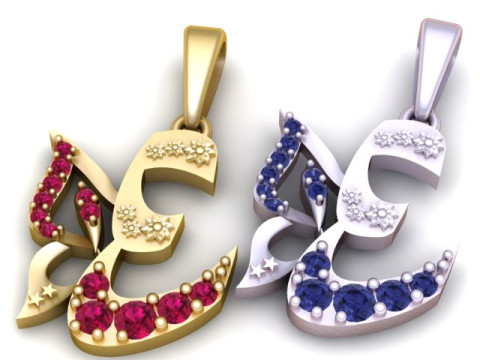 Elegante ciondolo con lettera araba con gioielli in oro di lusso con pietre di rubino Modello di stampa 3D