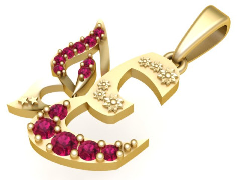 Elegante ciondolo con lettera araba con gioielli in oro di lusso con pietre di rubino Modello di stampa 3D