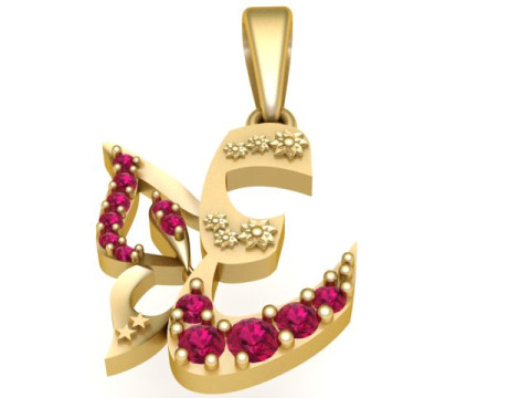 Elegante ciondolo con lettera araba con gioielli in oro di lusso con pietre di rubino Modello di stampa 3D