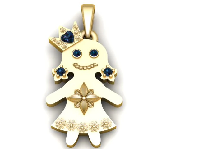 Niedlicher Prinzessin-M&auml;dchen-Anh&auml;nger mit blauen Edelsteinen, luxuri&ouml;ser Goldschmuck 3D Druckmodell .c4d .max .obj .3ds .fbx .stl .blend 