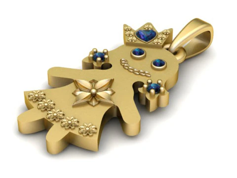 Niedlicher Prinzessin-M&auml;dchen-Anh&auml;nger mit blauen Edelsteinen, luxuri&ouml;ser Goldschmuck 3D Druckmodell