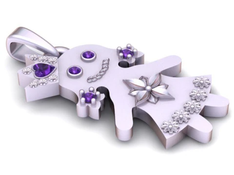 Niedlicher Prinzessin-M&auml;dchen-Anh&auml;nger mit blauen Edelsteinen, luxuri&ouml;ser Goldschmuck 3D Druckmodell