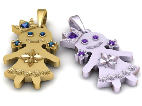 Niedlicher Prinzessin-M&auml;dchen-Anh&auml;nger mit blauen Edelsteinen, luxuri&ouml;ser Goldschmuck 3D Druckmodell